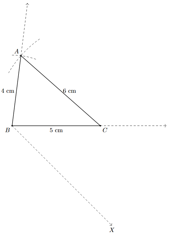 Step 2: Sides BA and BC are extended, and a ray BX is drawn.